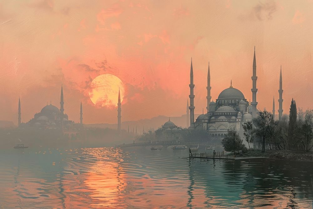 Ottoman painting of sunrise architecture building outdoors.