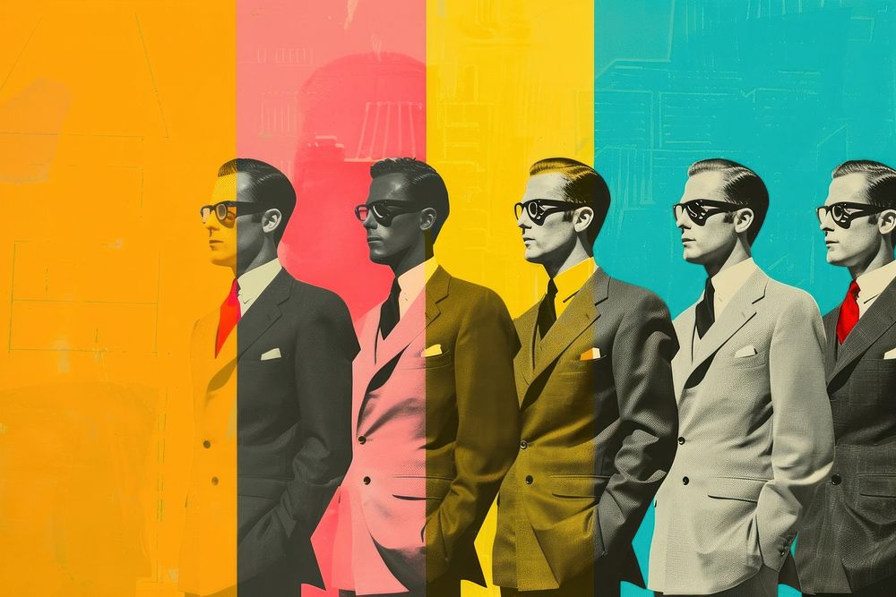 Retro collage of men in suit advertisement accessories sunglasses.