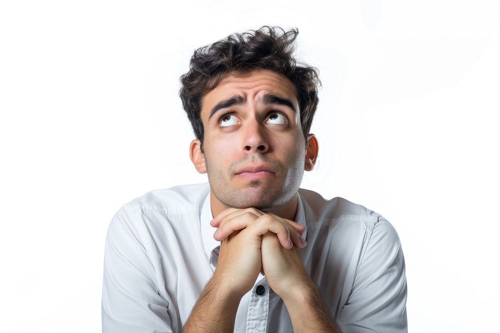 Worried young man with white shirt portrait adult photo.