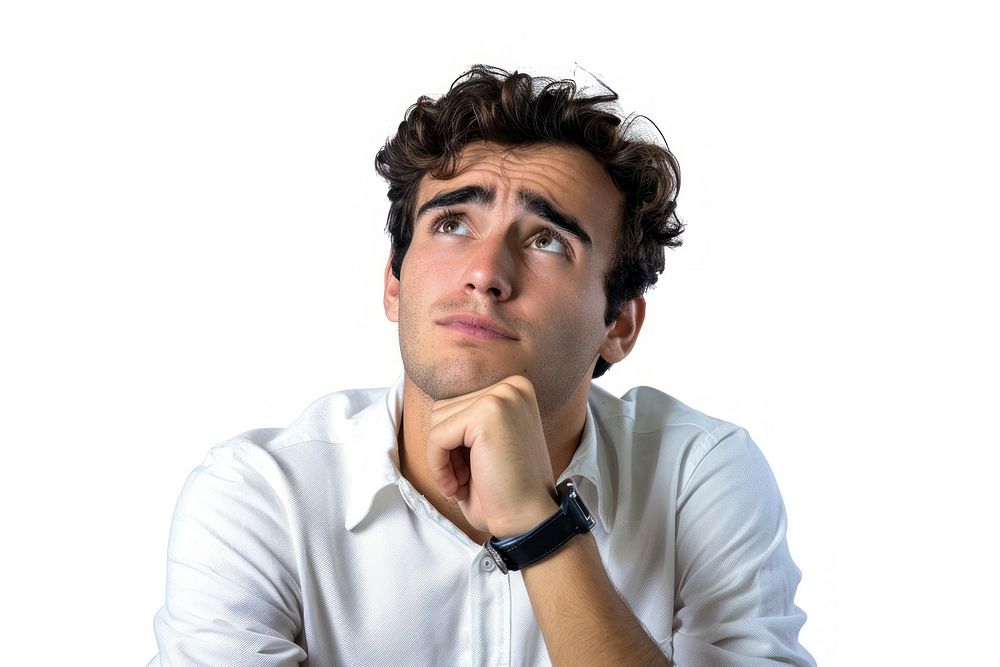 Worried young man with white shirt portrait adult photo.