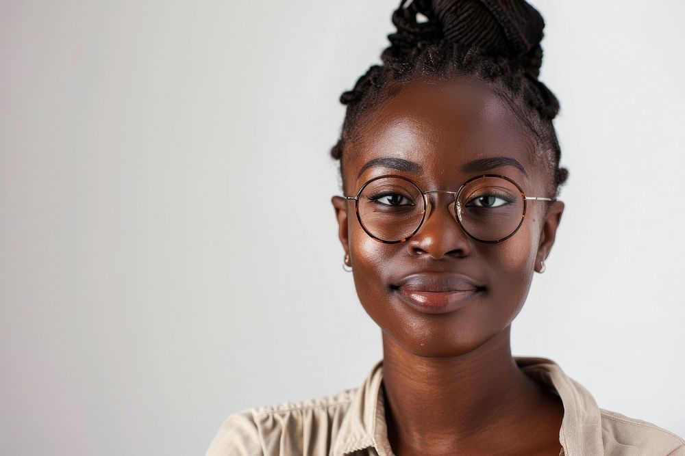 Black confidence woman portrait glasses smile.