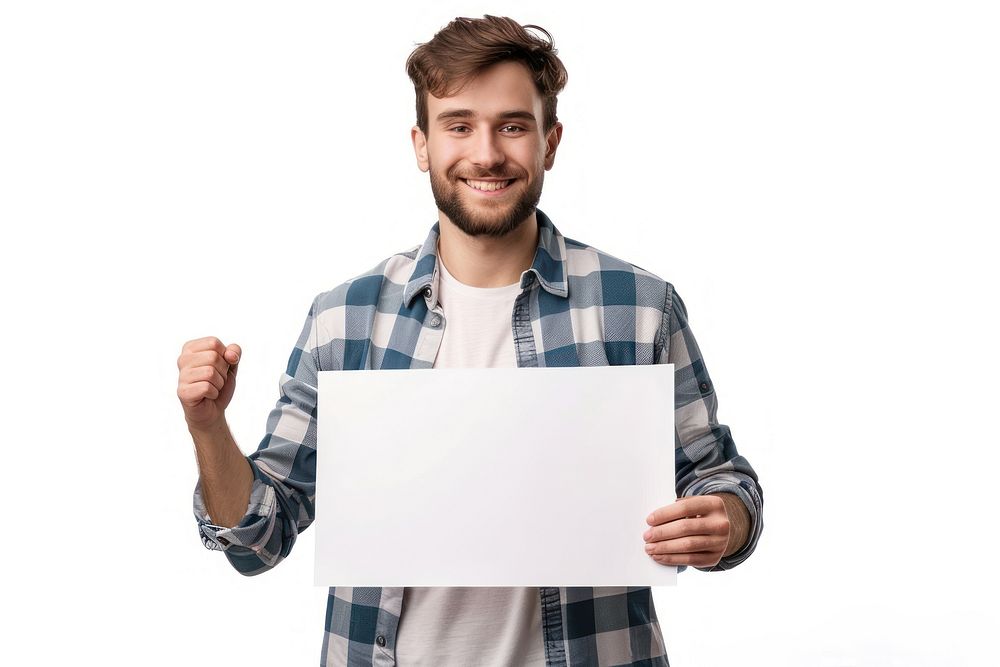 Happy man holding blank poster portrait adult photo.