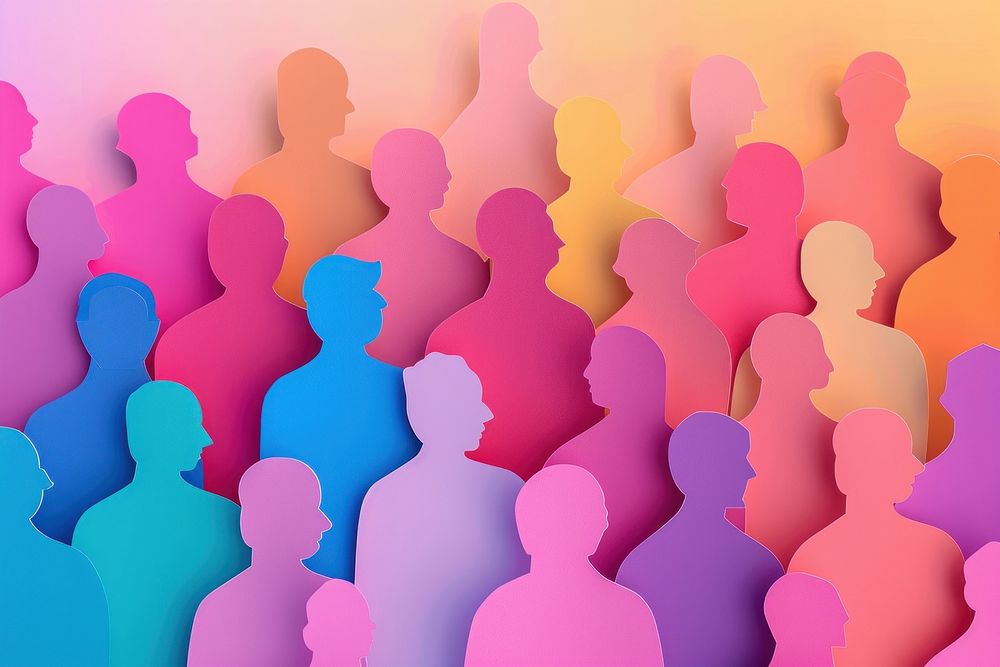 Colorful crowd people paper art backgrounds purple togetherness.
