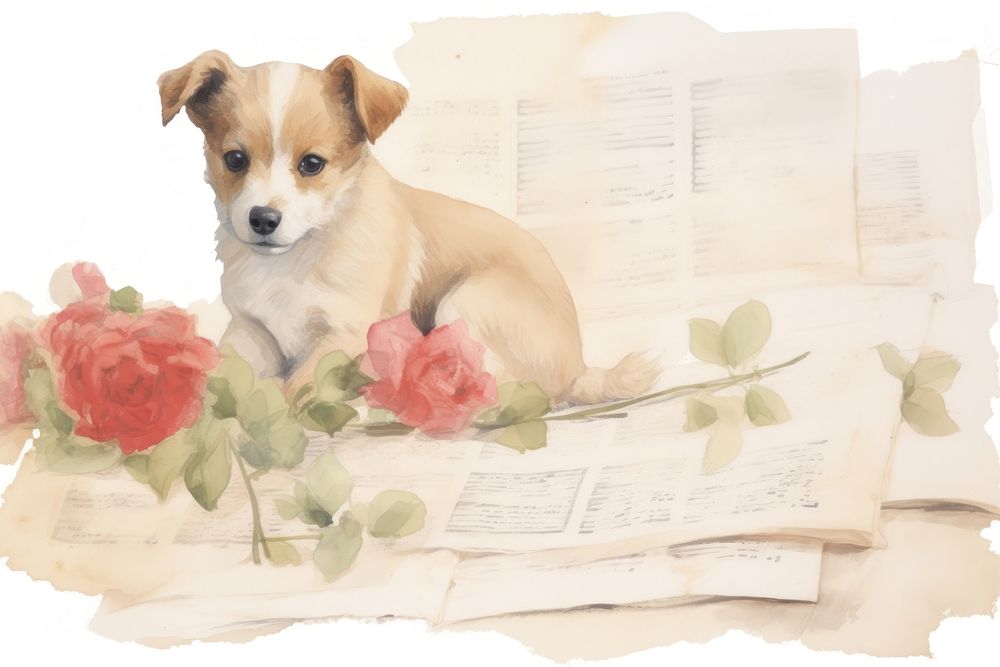 Cute puppy drawing flowers on ripped paper mammal animal plant.