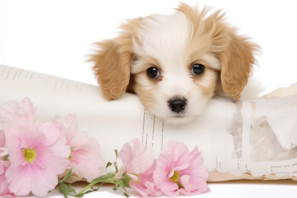 Cute puppy flowers on ripped paper animal mammal plant.
