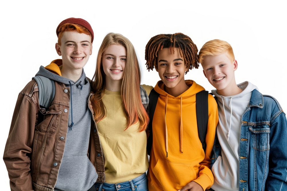 Happy diversity of teenage student sweatshirt groupshot clothing.