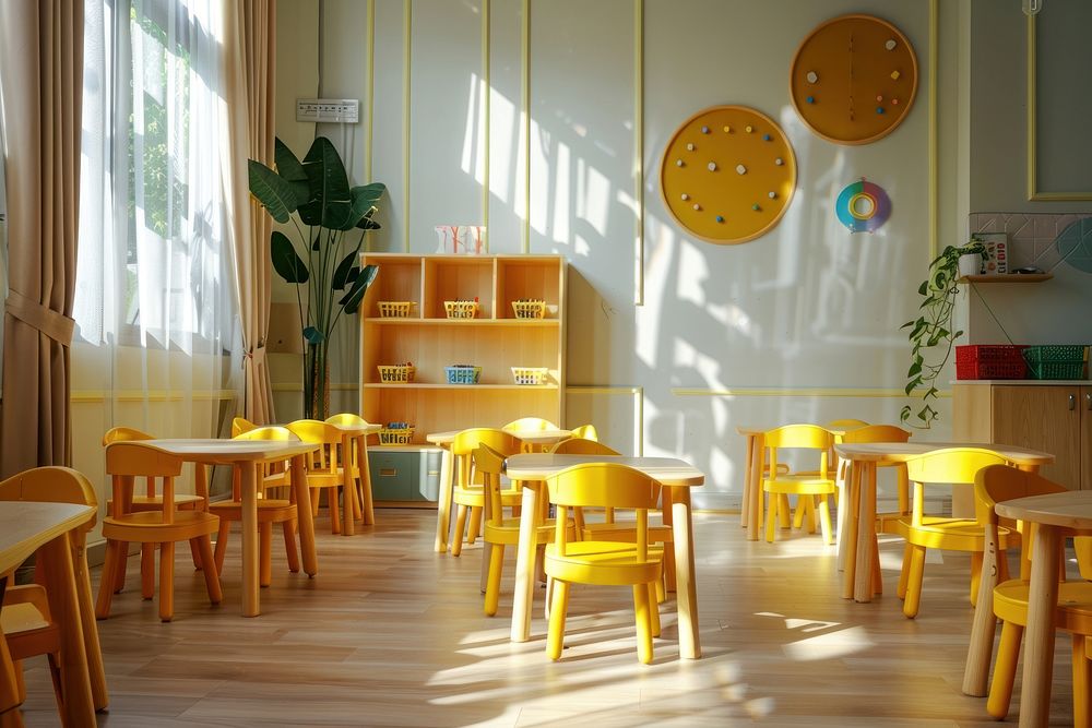 Classroom of a nursery chair table restaurant.
