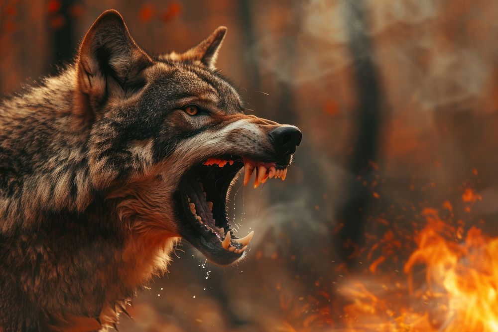 Wolf screaming in the woods mammal animal fire.