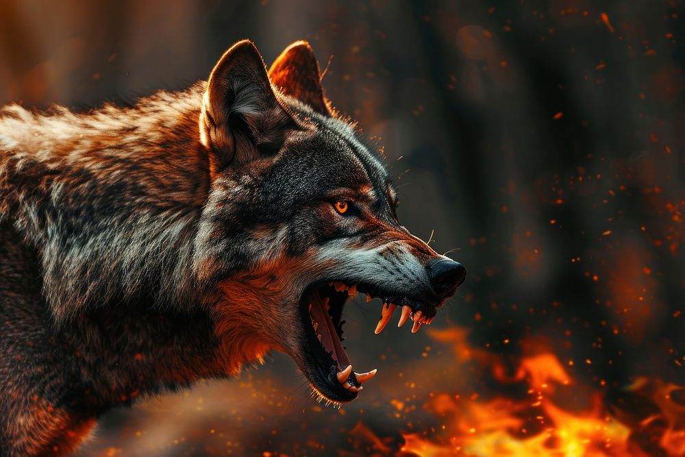 Wolf screaming in the woods animal mammal fire.