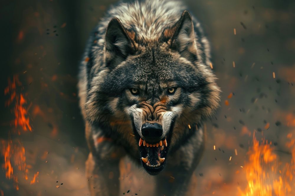 Wolf screaming in the woods fire animal mammal.