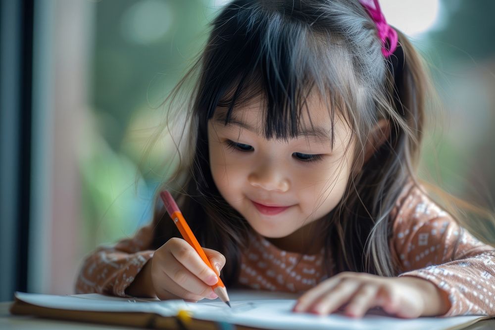 Cute little asian american girl writing student female.