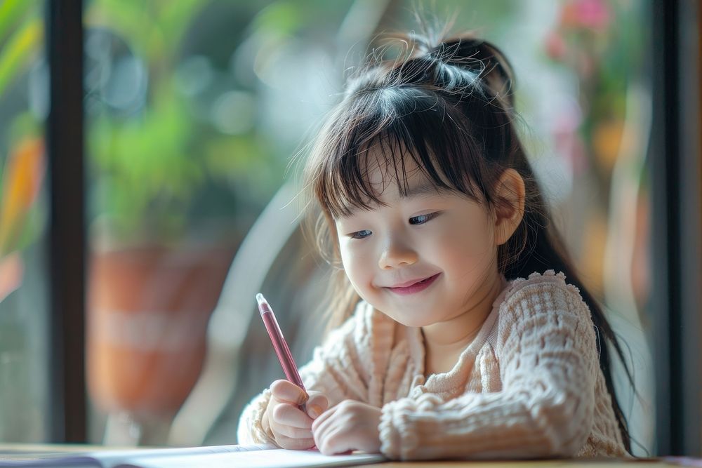 Cute little asian american girl happy writing female.