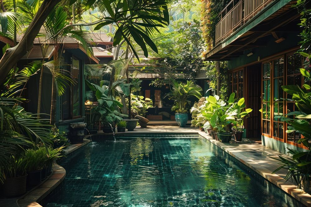 A tropical tradition large home in Bangkok plant architecture sunlight.