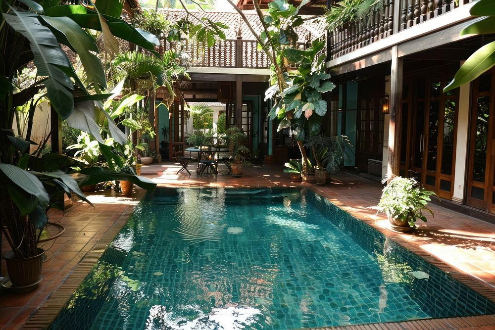 A tropical traditional house in Bangkok plant architecture backyard.