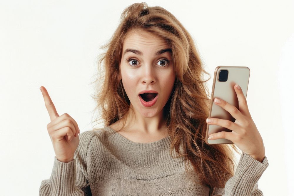 Young woman with shocking face phone hand white background.