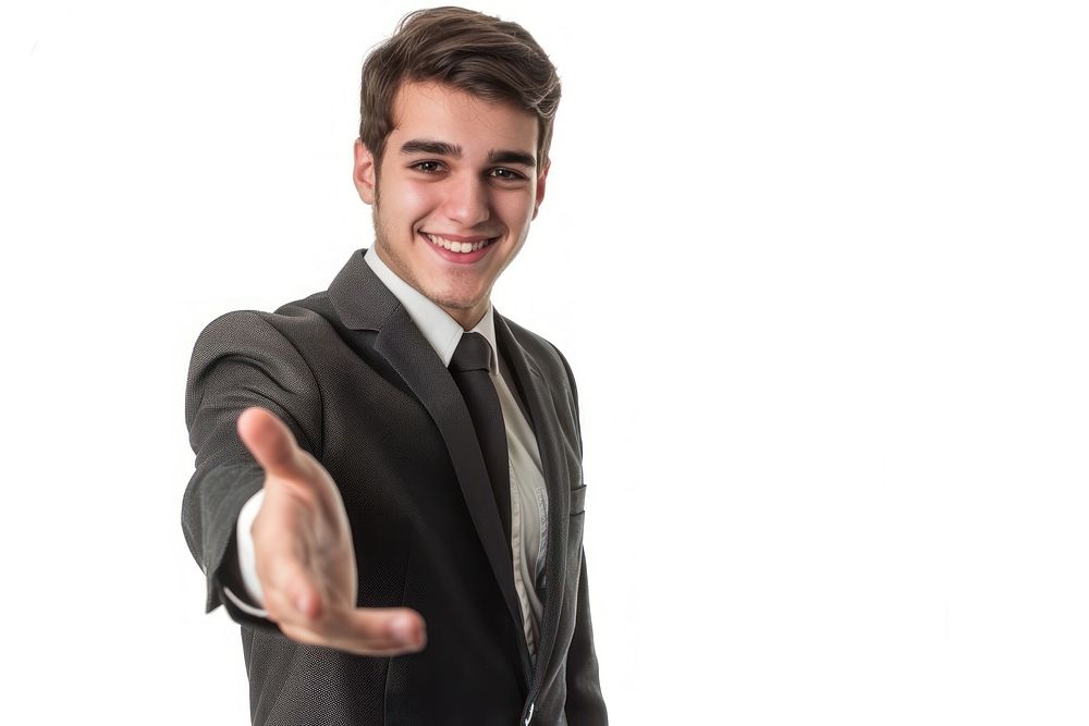 Young businessman open handshake smile portrait finger.