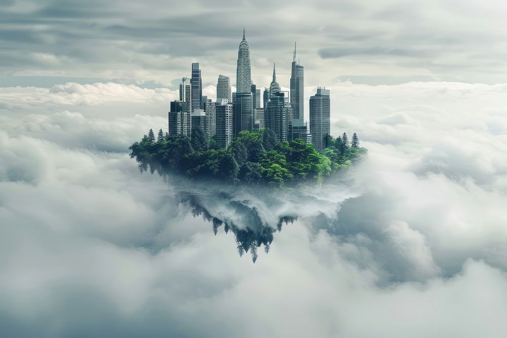 A city island is floating in the sky architecture landscape cityscape.