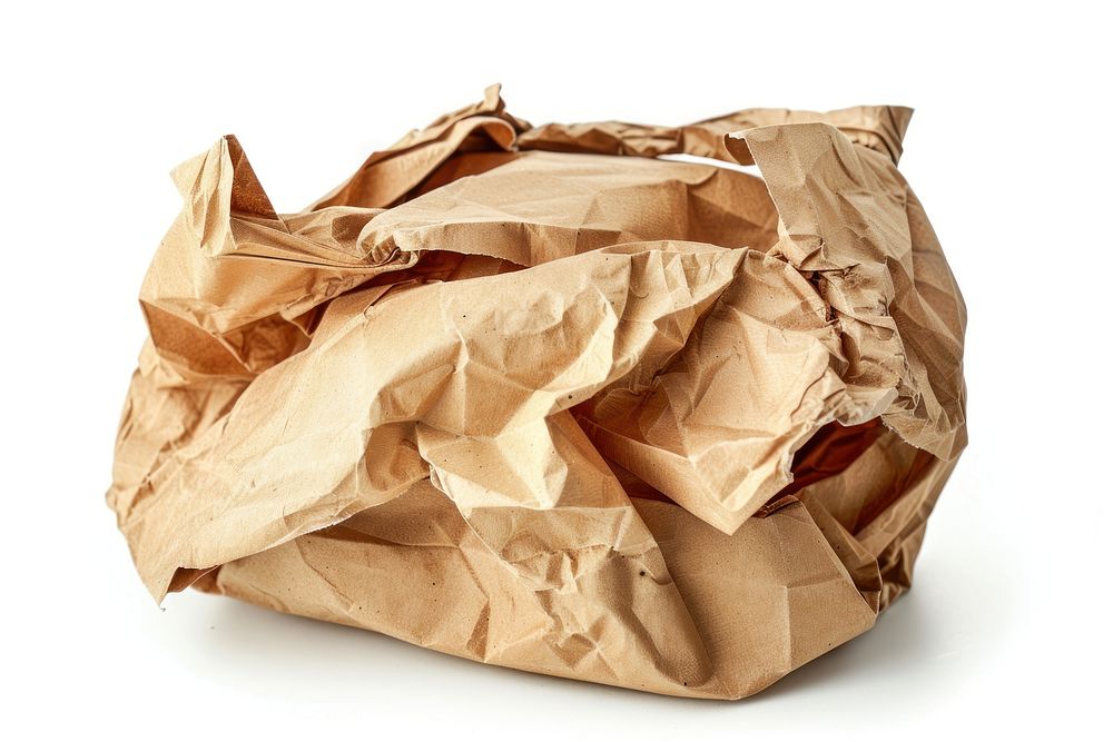 Crumpled paper bag white background cardboard wrinkled.