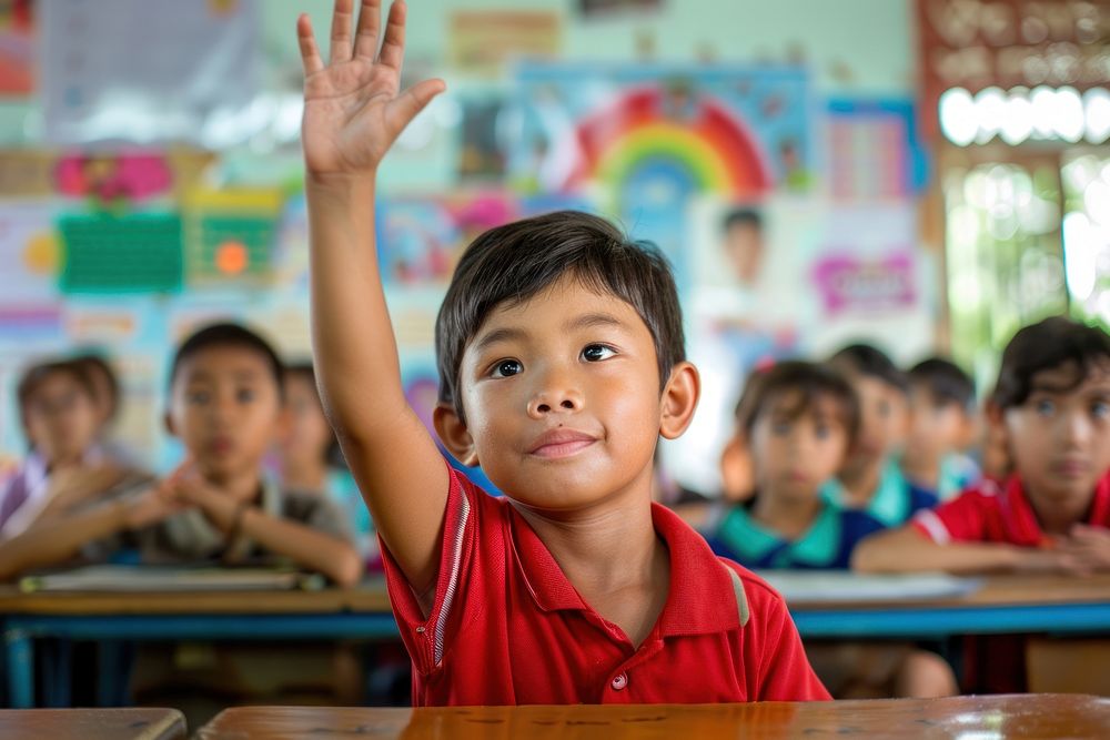 Little student raise his hand architecture building person.