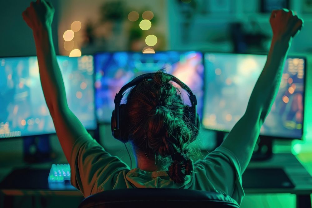 A man with hands raised up headphones computer illuminated.