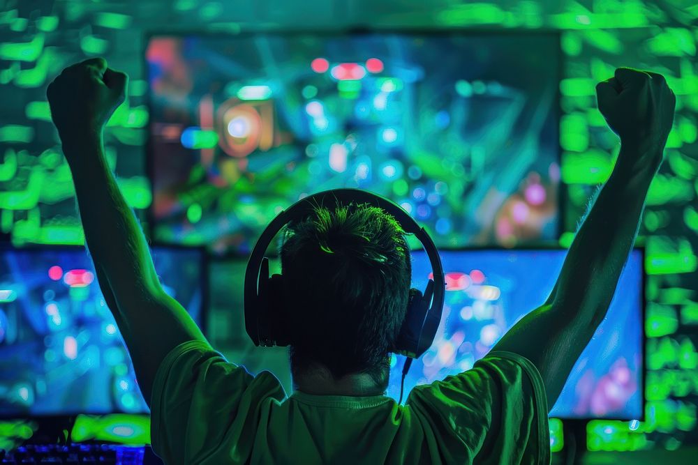 A man with hands raised up headphones computer green.