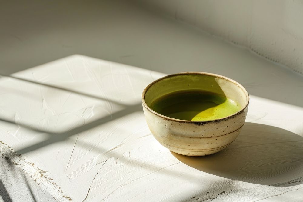 Matcha green tea beverage drink bowl.