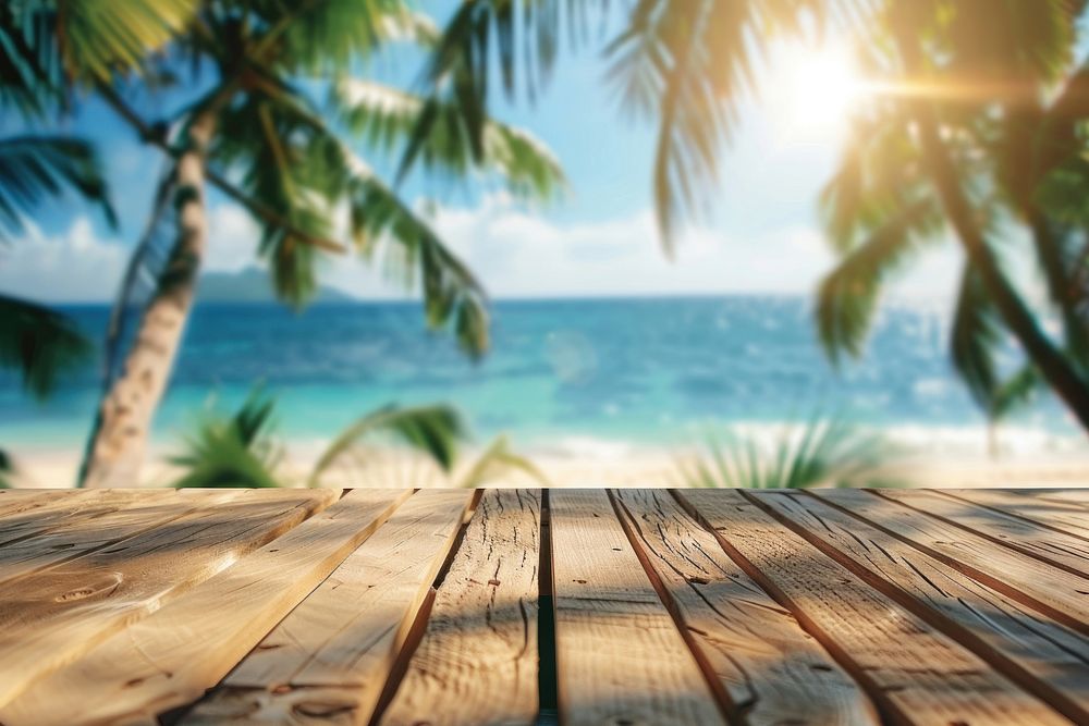 Empty wooden table in front of beach summer tree backgrounds.