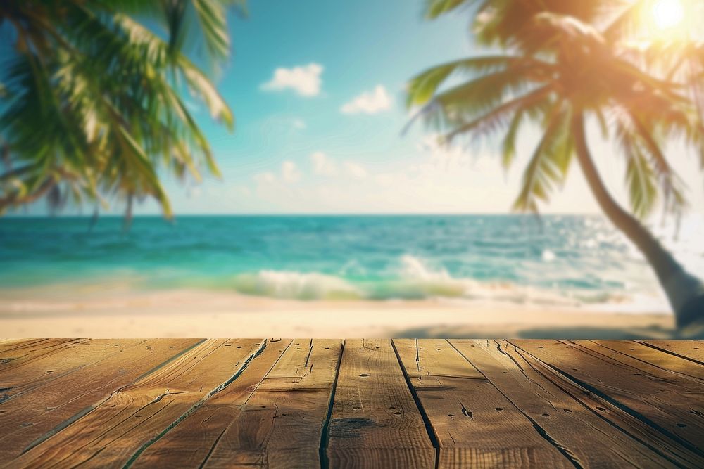 Empty wooden table in front of beach summer ocean backgrounds.
