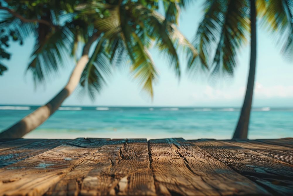 Empty wooden table in front of beach summer ocean tree.