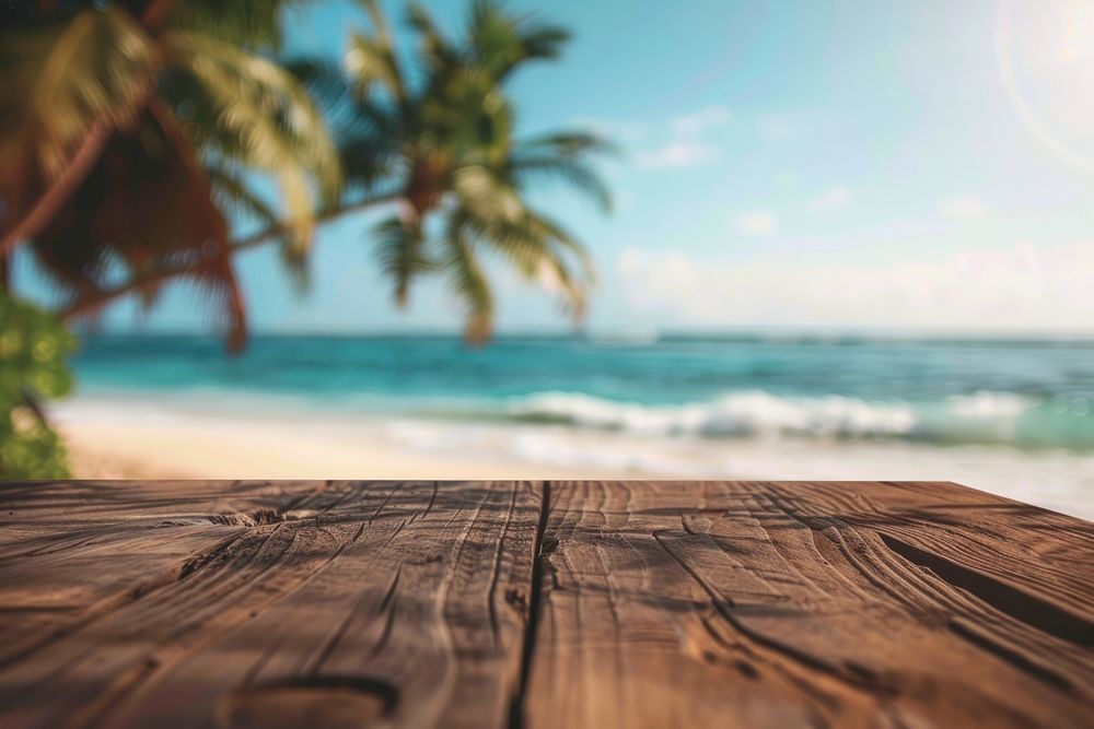 Empty wooden table in front of beach ocean sunlight outdoors.