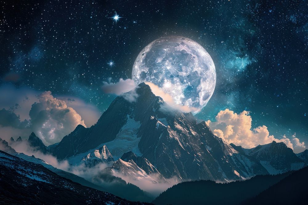 Huge detailed full moon night landscape astronomy.