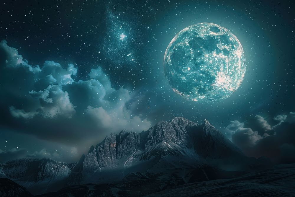 Huge detailed full moon night landscape astronomy.