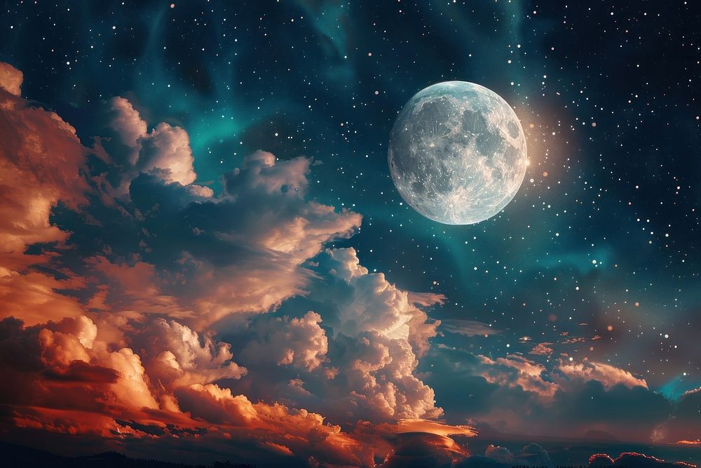 Huge detailed full moon night sky landscape.
