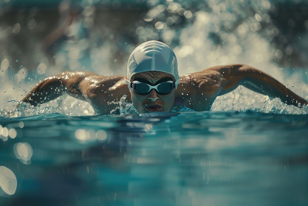 Male swimmer swimming freestyle in an outdoor pool sports cap accessories.