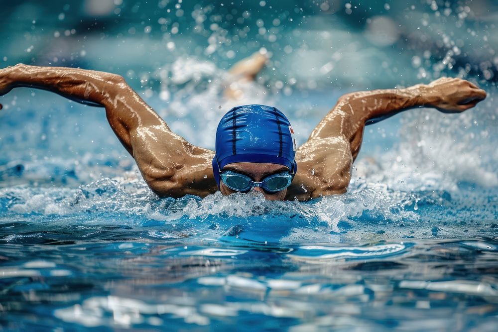 Male swimmer swimming freestyle in an outdoor pool sports recreation person.
