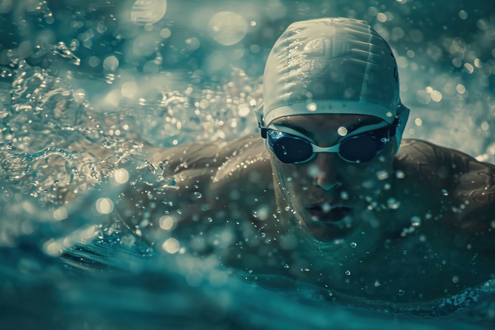 Male swimmer swimming freestyle in an outdoor pool goggles sports cap.
