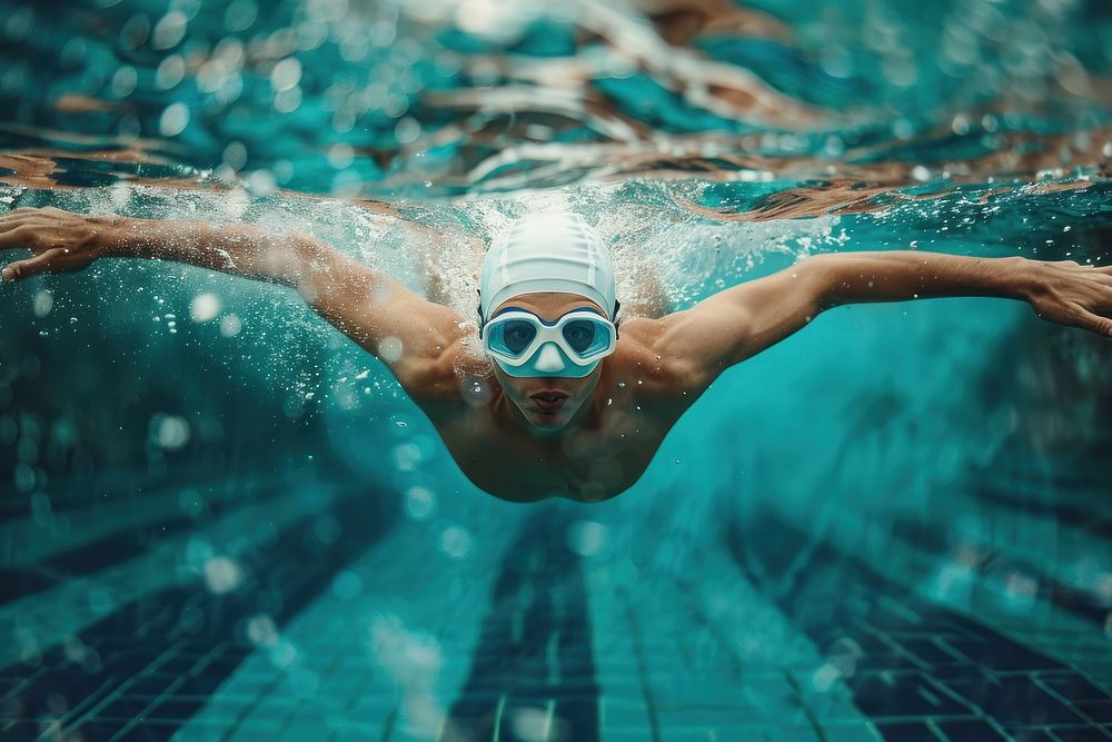 Male swimmer swimming freestyle in an outdoor pool sports accessories recreation.