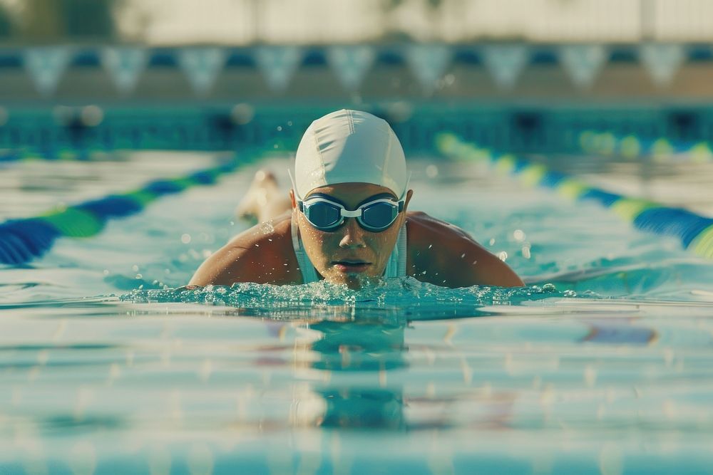 Male swimmer swimming freestyle in an outdoor pool sports cap accessories.