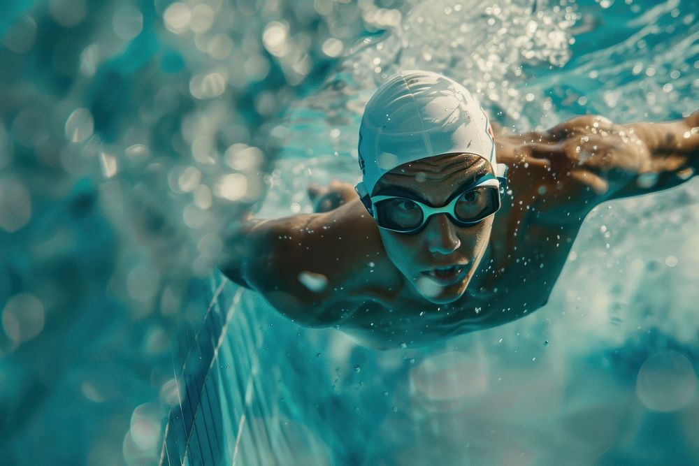 Male swimmer swimming freestyle in an outdoor pool sports cap recreation.