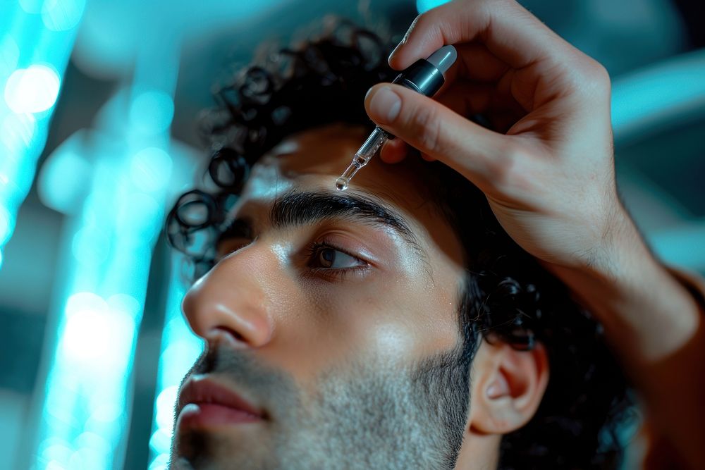 Man applying serum cosmetics adult skin.