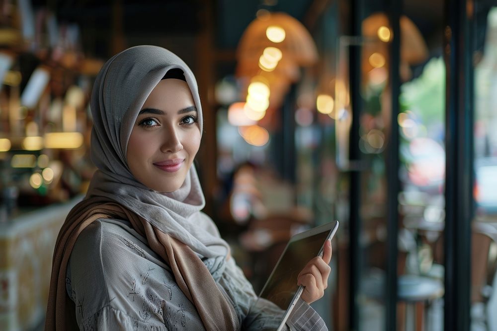 Muslim woman holding tablet portrait adult photo.