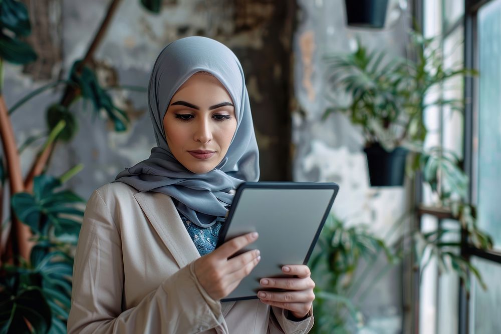 Woman using tablet computer hijab portability.