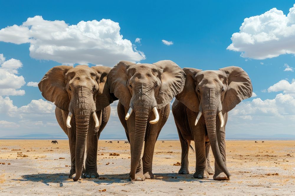 Three elephants in the African savanna sky wildlife outdoors.