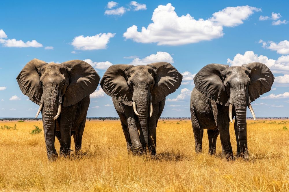 Three elephants in the African savanna grassland outdoors wildlife.