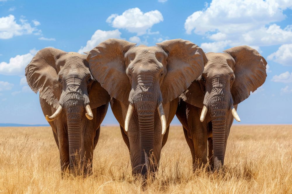 Three elephants in the African savanna grassland outdoors wildlife.