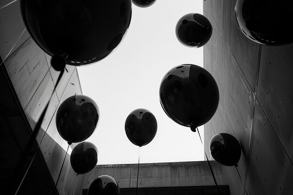 Black and white balloons architecture outdoors celebration.