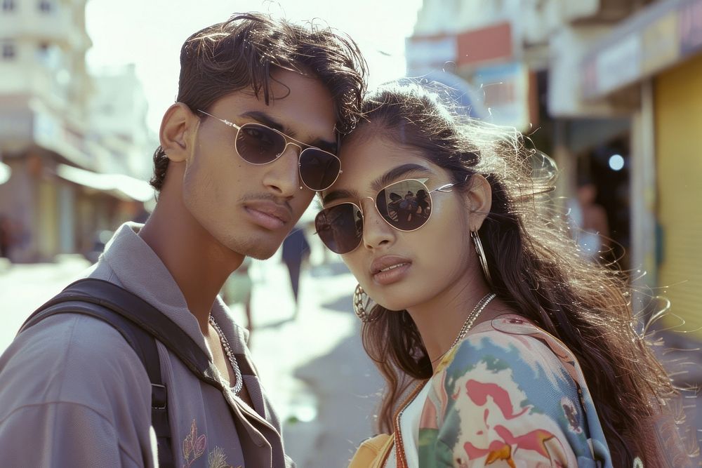 Young indian man and woman photography accessories sunglasses.