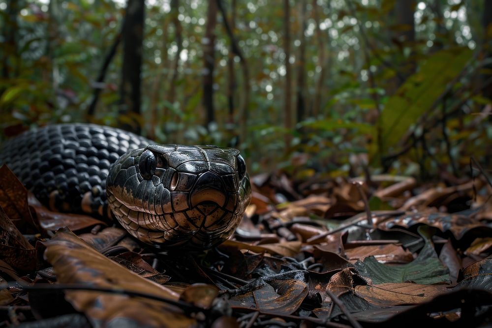 Cobra spreading hood vegetation rainforest outdoors.