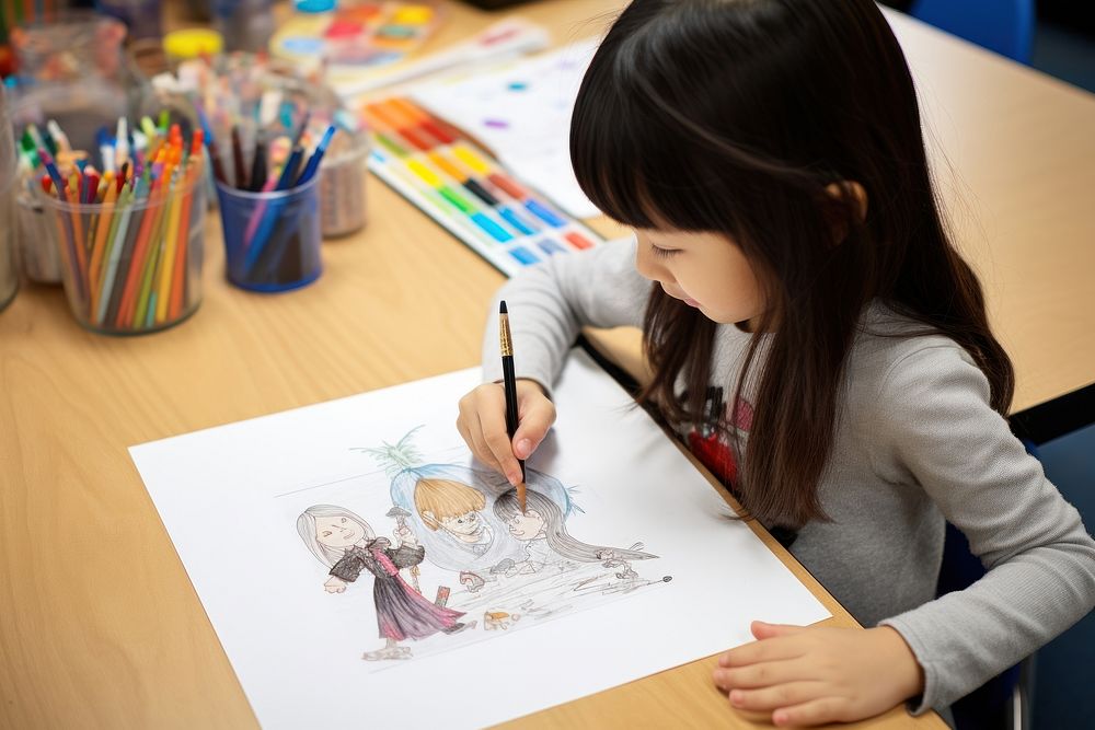 Student drawing a picture illustrated wedding writing.
