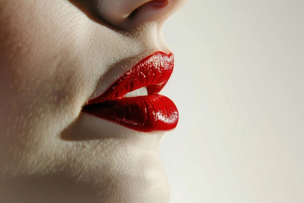Studio photo shot from under nose of a mouth with red lipstick on cosmetics female person.